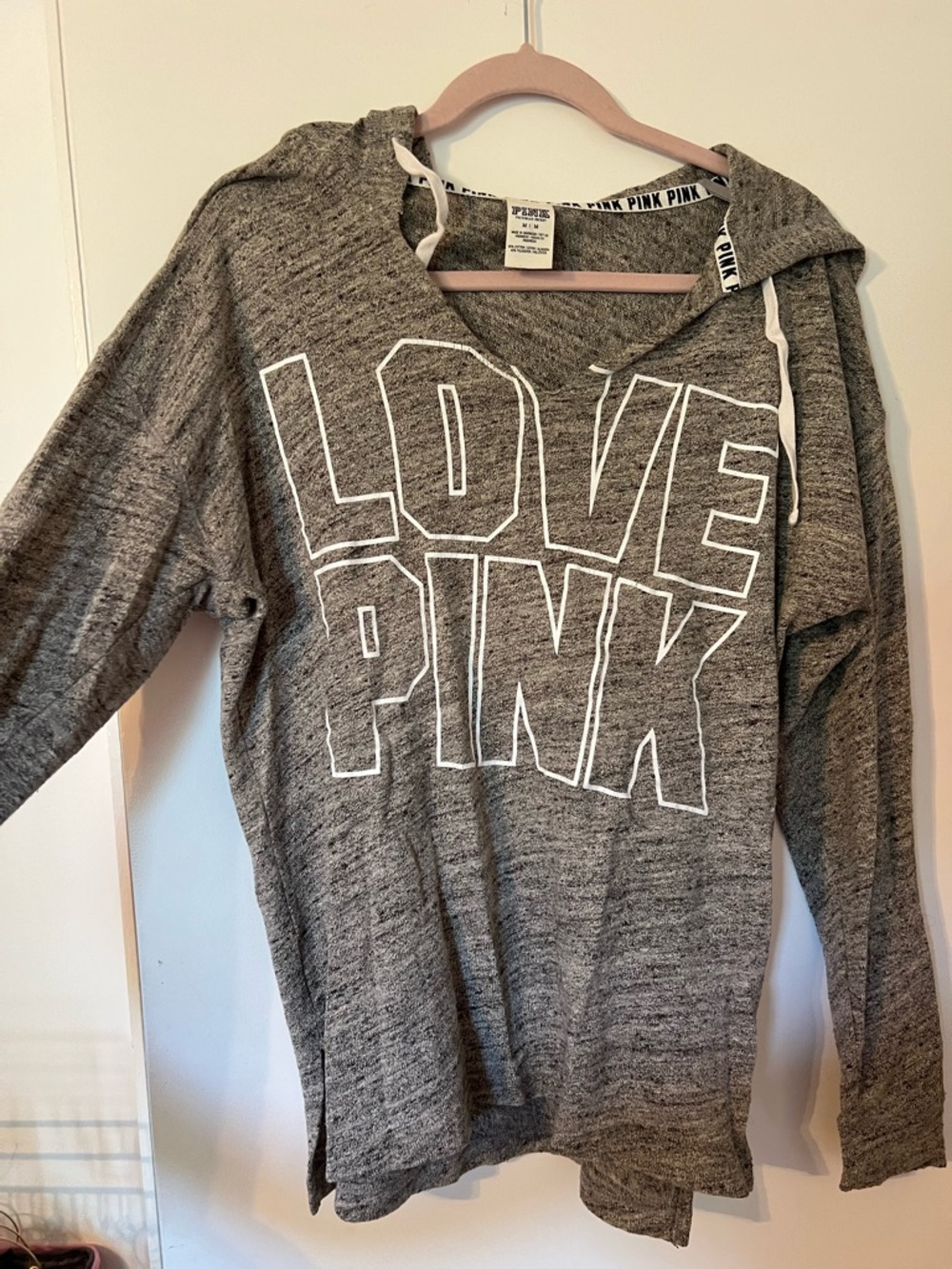 PINK Victoria's Secret Gray Hooded Pullover with White 'LOVE PINK' Graphic